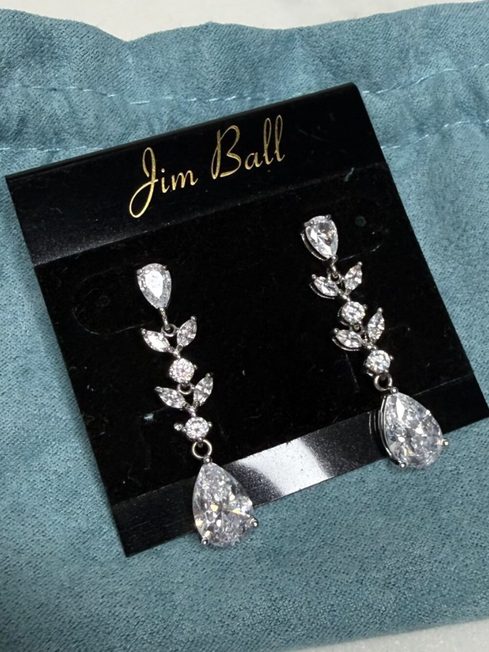 Jim Ball Cubic Zirconia Leaf Dangle Pierced Earrings + Velvet Storage Bag